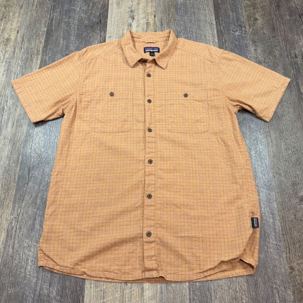 Patagonia Button Down Shirt Men L Orange Hemp Organic Cotton Grid Short Sleeve